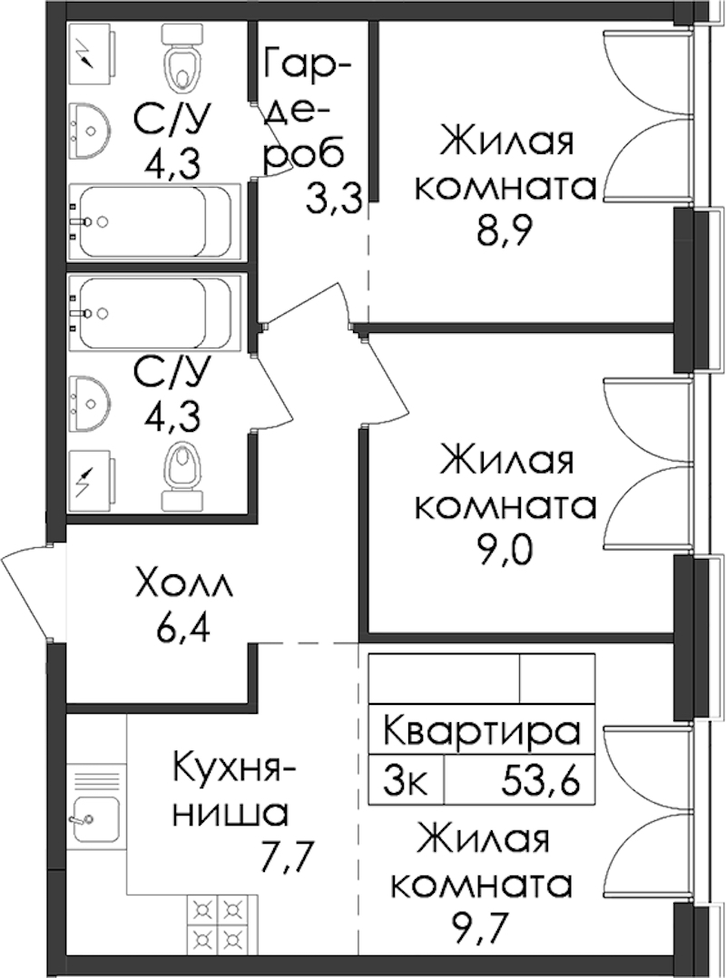 2-комнатная квартира 53.6 м², 7/9 эт., ЖК «Лермонтовский 54»